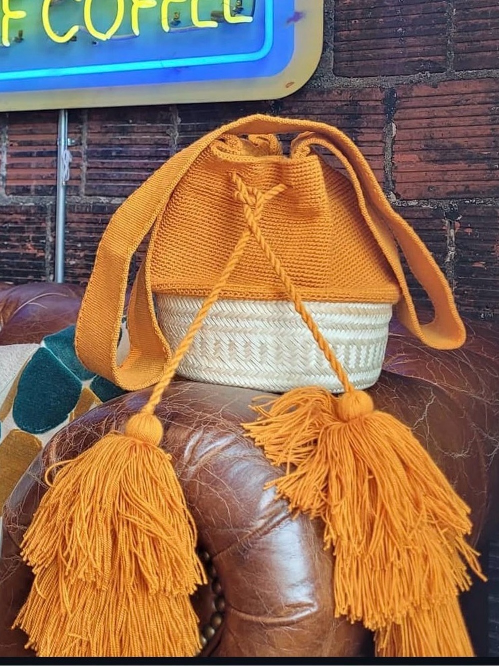 Meraki Wayuu Bag Bucket Mochila Colombian Orange Straw Mix Summer Boho Indie